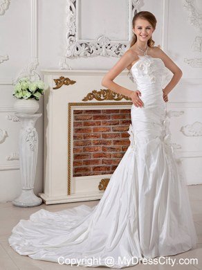 Ruche Beading and Hand Made Flowers Decorated Court Train Bridal Dress