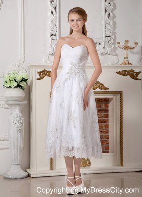 Tea-length Sweetheart Lace Appliques Wedding Dress with Ruche Decorated