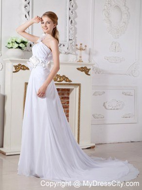 Hand Made Flowers One Shoulder Chiffon Chapel Train Wedding Dresses