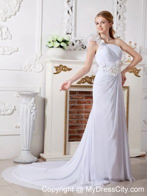 Hand Made Flowers One Shoulder Chiffon Chapel Train Wedding Dresses