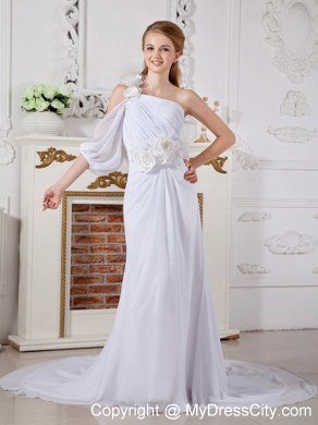 Hand Made Flowers One Shoulder Chiffon Chapel Train Wedding Dresses