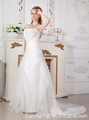 Organza Lace Ruching Strapless Wedding Gowns with Court Train