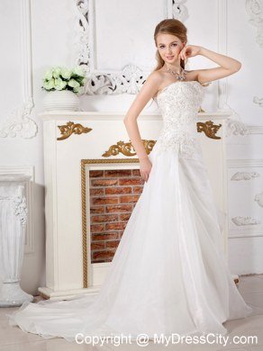 Organza Lace Ruching Strapless Wedding Gowns with Court Train