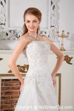 Organza Lace Ruching Strapless Wedding Gowns with Court Train