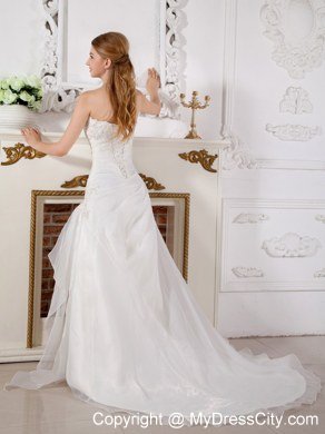 Organza Lace Ruching Strapless Wedding Gowns with Court Train