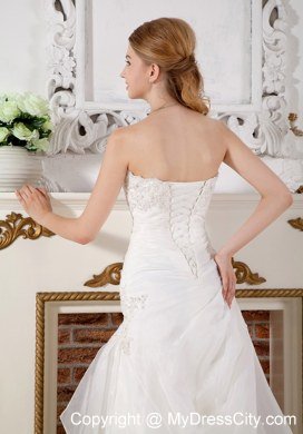 Organza Lace Ruching Strapless Wedding Gowns with Court Train