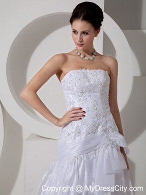 Beading Appliques Court Train Wedding Gown with Bowknot Decorated