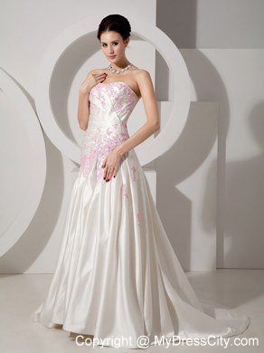 Strapless Ruched Court Train Wedding Dress with Pink Beaded Appliques