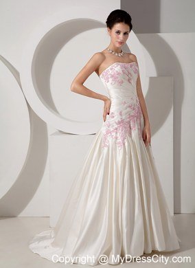 Strapless Ruched Court Train Wedding Dress with Pink Beaded Appliques