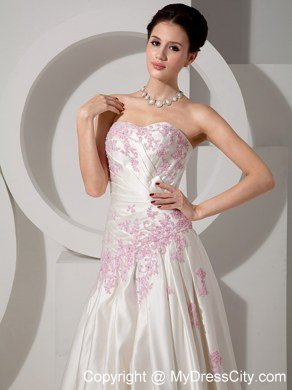 Strapless Ruched Court Train Wedding Dress with Pink Beaded Appliques