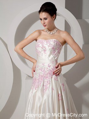 Strapless Ruched Court Train Wedding Dress with Pink Beaded Appliques