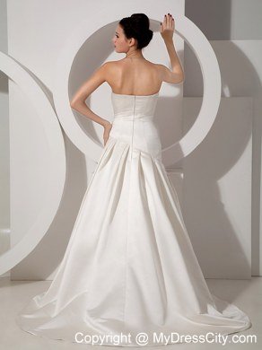 Strapless Ruched Court Train Wedding Dress with Pink Beaded Appliques