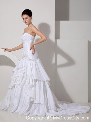 Mermaid Appliques and Ruffled Layers Sweetheart Court Train Bridal Gowns