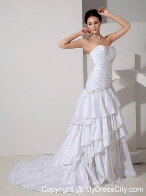 Mermaid Appliques and Ruffled Layers Sweetheart Court Train Bridal Gowns