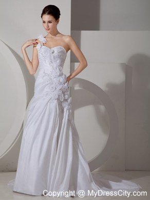 Hand Made Flowers One Shoulder Court Train Bridal Gown with Beaded Appliques