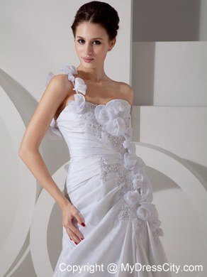 Hand Made Flowers One Shoulder Court Train Bridal Gown with Beaded Appliques