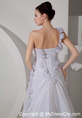 Hand Made Flowers One Shoulder Court Train Bridal Gown with Beaded Appliques