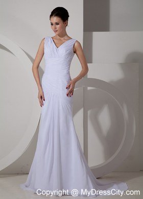 Chiffon Ruched Simple Bridal Dresses with V-neck and Court Train