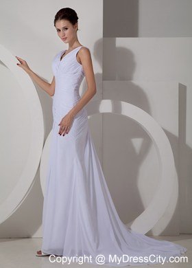 Chiffon Ruched Simple Bridal Dresses with V-neck and Court Train