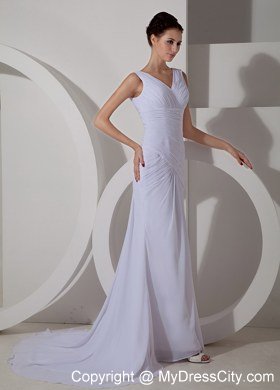 Chiffon Ruched Simple Bridal Dresses with V-neck and Court Train