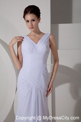 Chiffon Ruched Simple Bridal Dresses with V-neck and Court Train