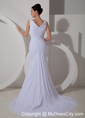 Chiffon Ruched Simple Bridal Dresses with V-neck and Court Train