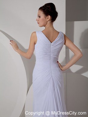 Chiffon Ruched Simple Bridal Dresses with V-neck and Court Train