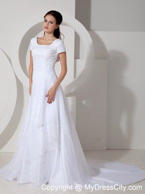 Short Sleeves Square Court Train Beading and Ruching Bridal Dress