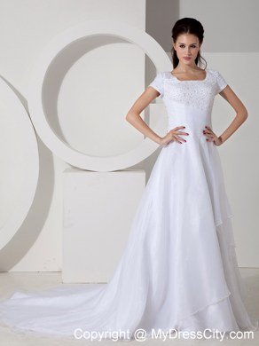 Short Sleeves Square Court Train Beading and Ruching Bridal Dress