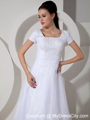 Short Sleeves Square Court Train Beading and Ruching Bridal Dress