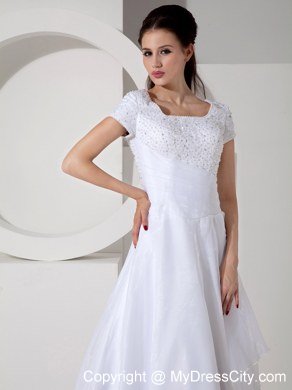 Short Sleeves Square Court Train Beading and Ruching Bridal Dress