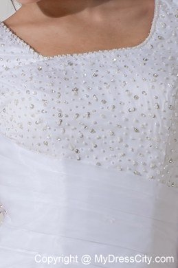 Short Sleeves Square Court Train Beading and Ruching Bridal Dress