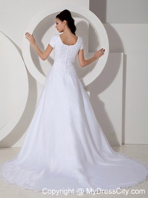 Short Sleeves Square Court Train Beading and Ruching Bridal Dress