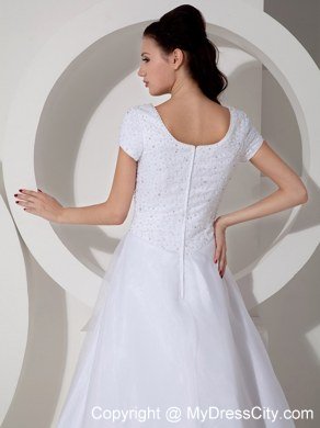 Short Sleeves Square Court Train Beading and Ruching Bridal Dress