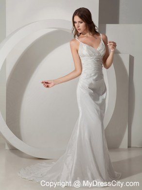 Spaghetti Straps Column Ruching Decorated Court Train Wedding Gowns