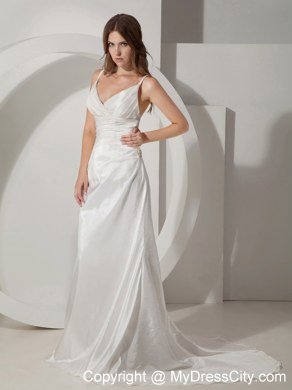 Spaghetti Straps Column Ruching Decorated Court Train Wedding Gowns