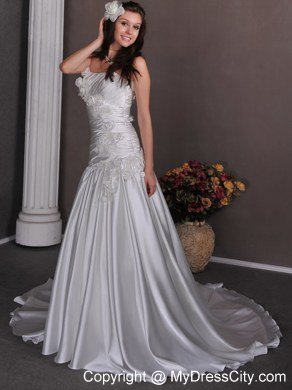 Flowers Ruching Court Train Strapless Taffeta Wedding Anniversary Dress