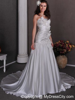 Flowers Ruching Court Train Strapless Taffeta Wedding Anniversary Dress