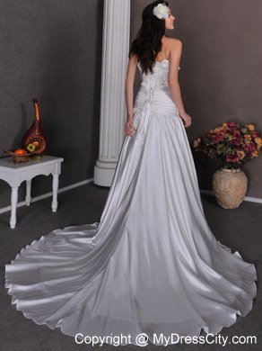 Flowers Ruching Court Train Strapless Taffeta Wedding Anniversary Dress