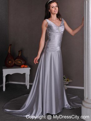 Silver V-neck Beaded Ruching Court Train Wedding Dresses with Lace Up Back