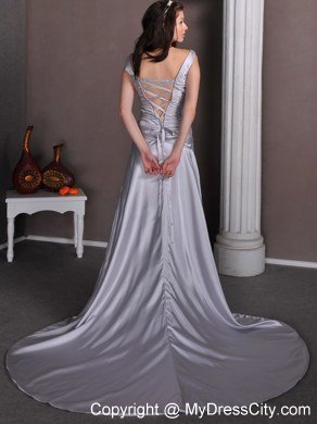 Silver V-neck Beaded Ruching Court Train Wedding Dresses with Lace Up Back