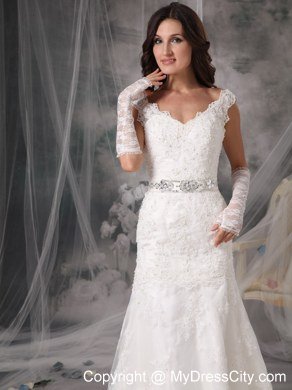 Luxurious Lace V-neck Column Court Train 2013 Garden Wedding Dresses