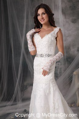 Luxurious Lace V-neck Column Court Train 2013 Garden Wedding Dresses