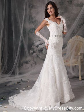 Luxurious Lace V-neck Column Court Train 2013 Garden Wedding Dresses