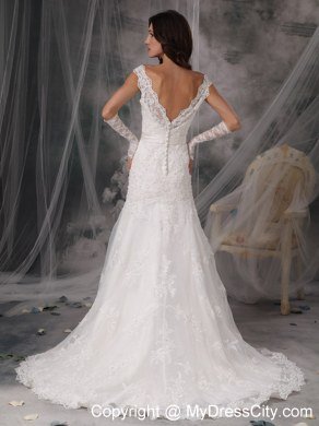 Luxurious Lace V-neck Column Court Train 2013 Garden Wedding Dresses