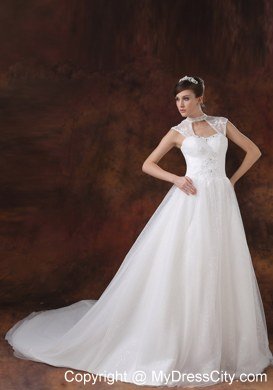 Chapel Train Embroidery with Beading for Church Wedding Dresses with Cool Neck