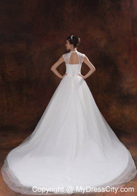 Chapel Train Embroidery with Beading for Church Wedding Dresses with Cool Neck