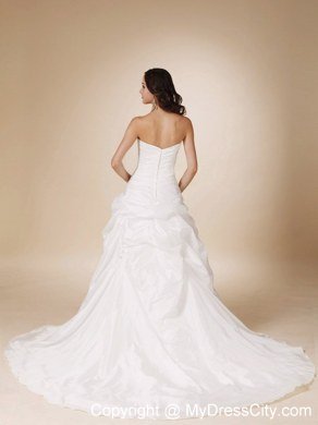 Appliques Strapless Ruched Pick Ups Court Train Garden Wedding Dresses