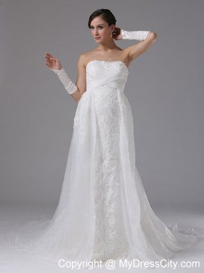 Organza and Lace Strapless Court Train Luxurious Wedding Anniversary Dress