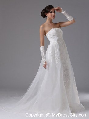 Organza and Lace Strapless Court Train Luxurious Wedding Anniversary Dress